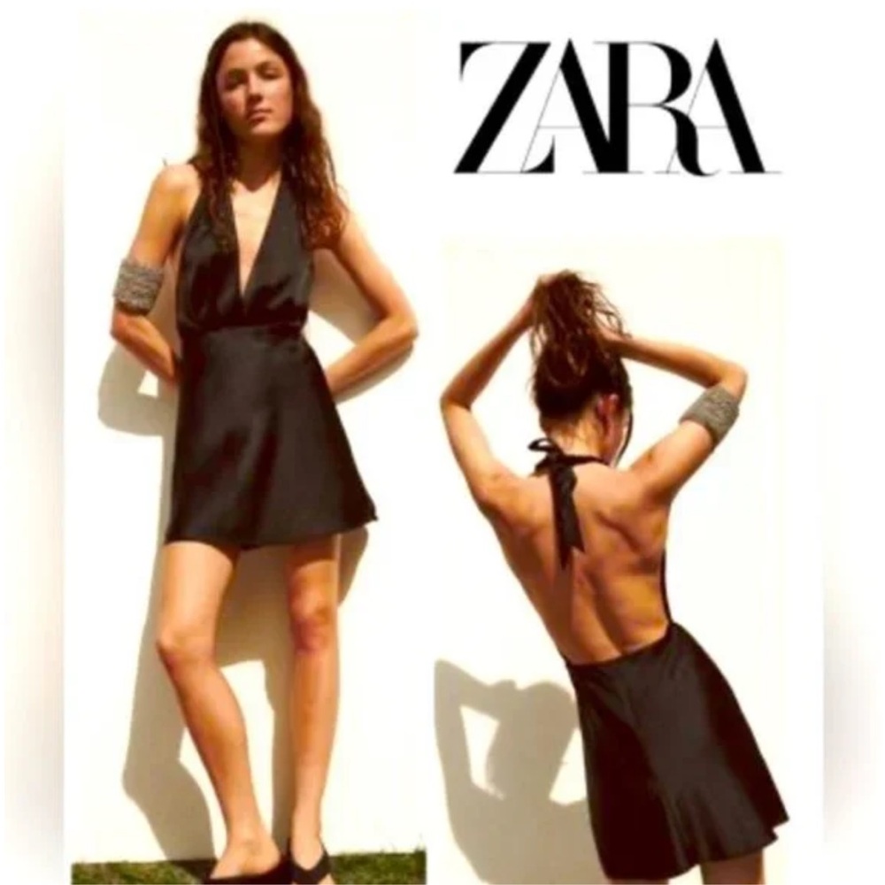 Zara - Plunging V Neck Halter - Black Satin Mini Dress